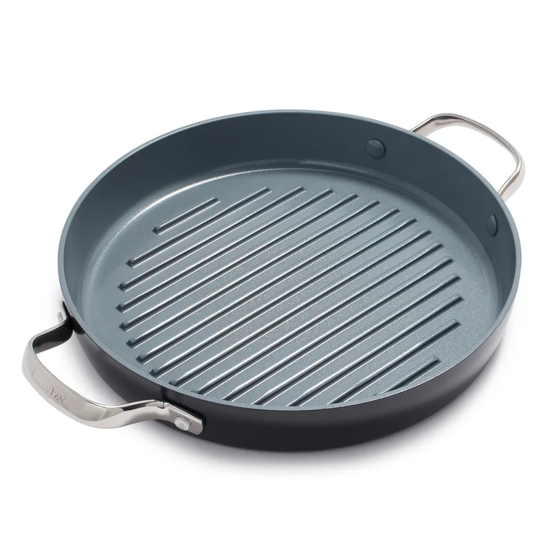 GreenPan Valencia Pro Hard Anodized Healthy Ceramic Nonstick 11 Grill Pan， PFAS-Free， Induction， Dishwasher Safe， Oven Safe， Gray