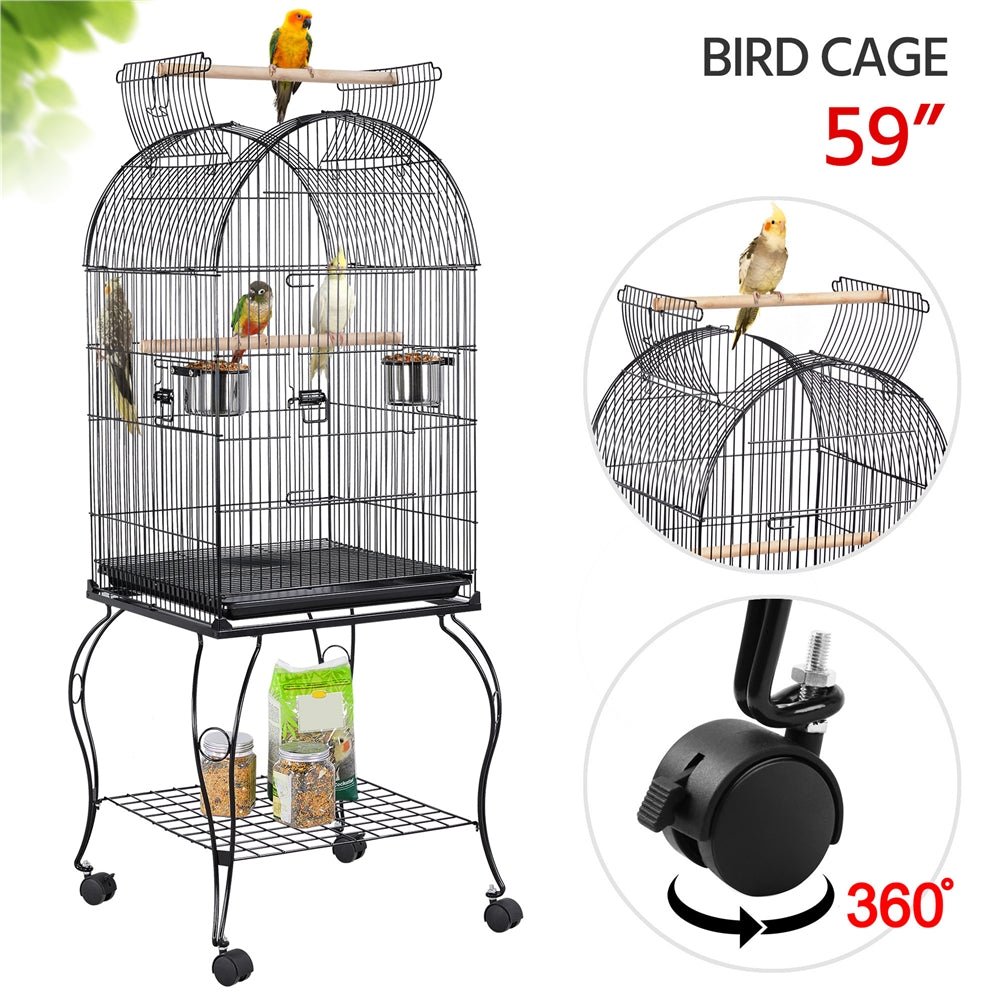 Yaheetech 59'' H Open Top Metal Bird Cage Rolling Parrot Cage with Stand For Small Birds Parakeet Lovebirds Cockatiel Canary， Black