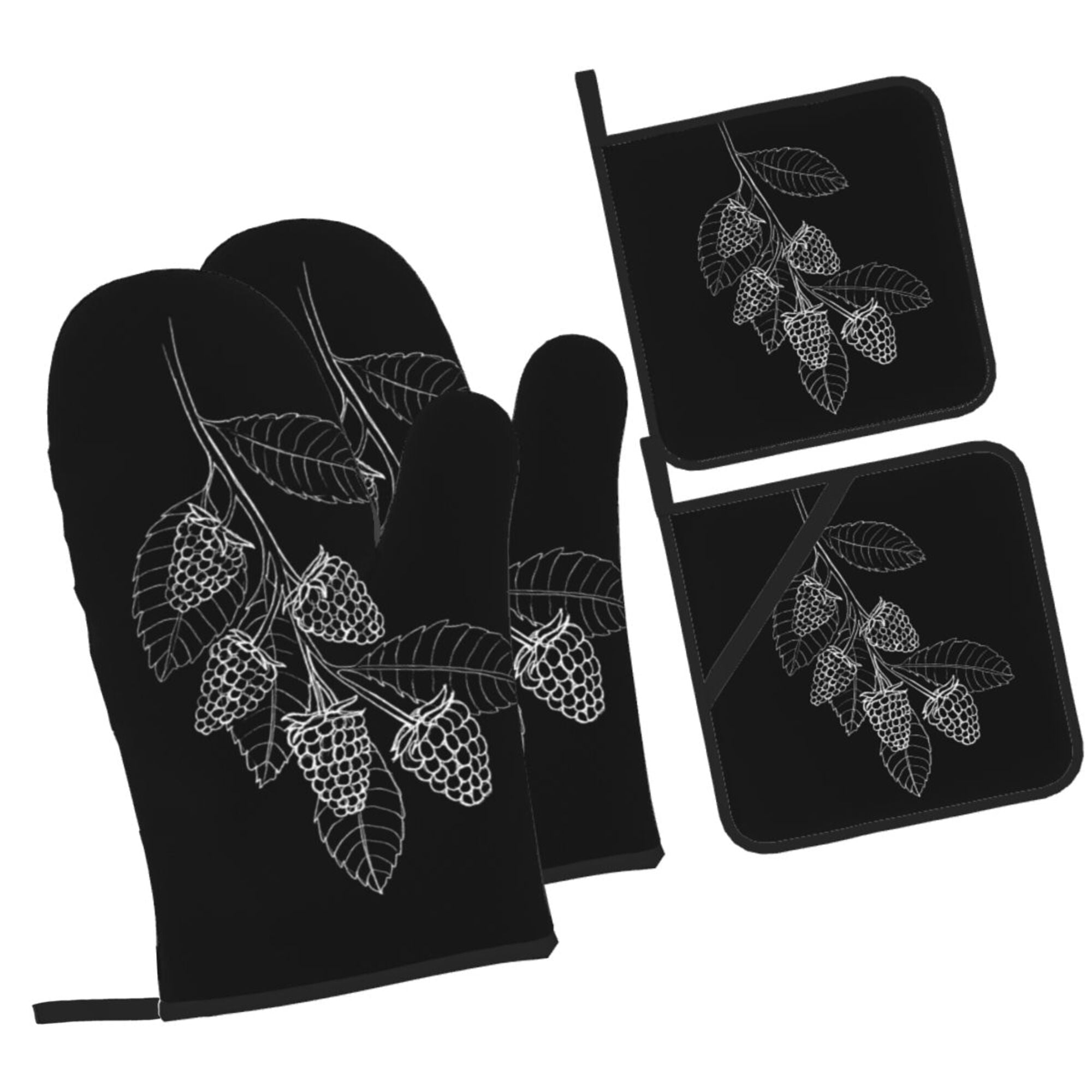 Berries Line Art Oven Mitts and Pot Holders Sets Baking Sets for Kitchen BBQ Gloves Heat Resistant Cooking Abstract 4 Pieces