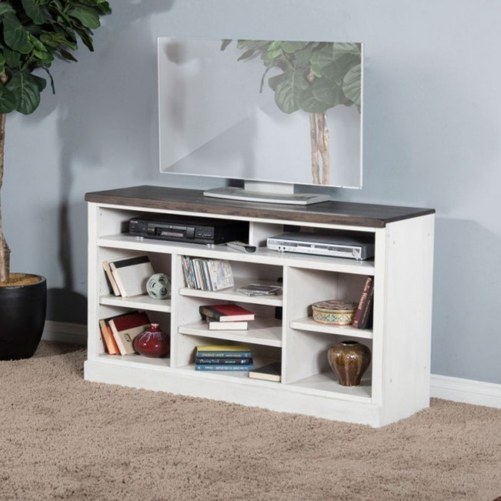 55 quotDistressed White and Black TV Console Shelving Media Unit   Farmhouse   Entertainment Centers And Tv Stands   by Sideboards and Things  Houzz