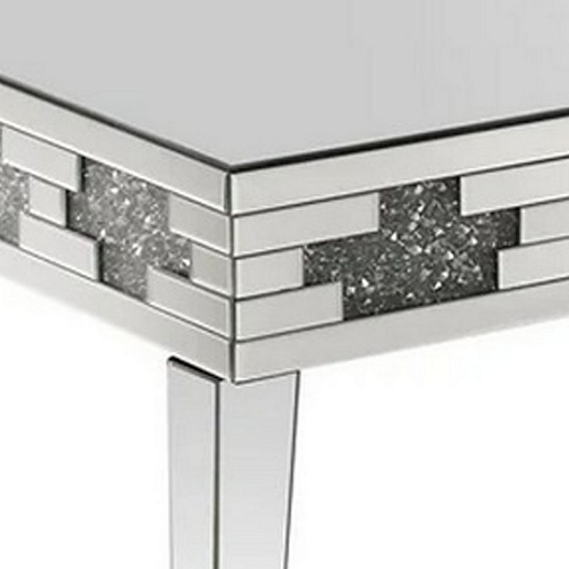 Coffee Table with Mirror Panel Framing and Faux Diamonds， Silver