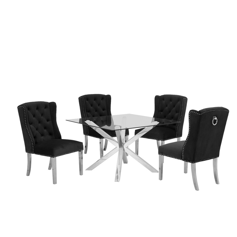 Best Quality Furniture Glass 5 Piece Dining Set Tufted Ring Chairs