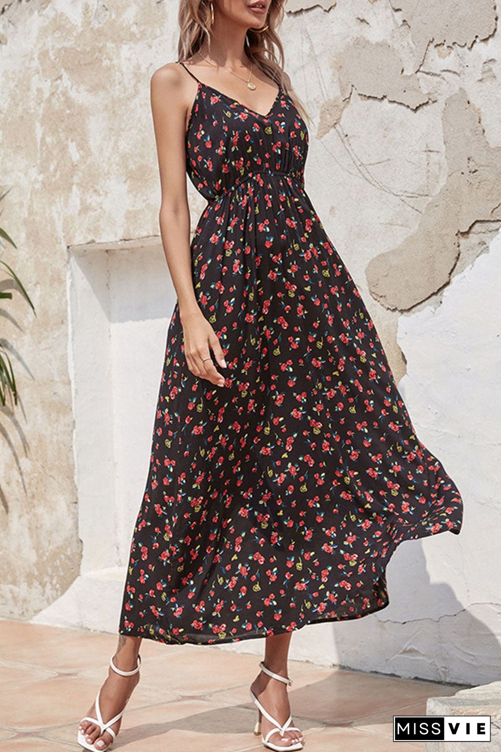 Fashion Street Print Split Joint V Neck A Line Dresses