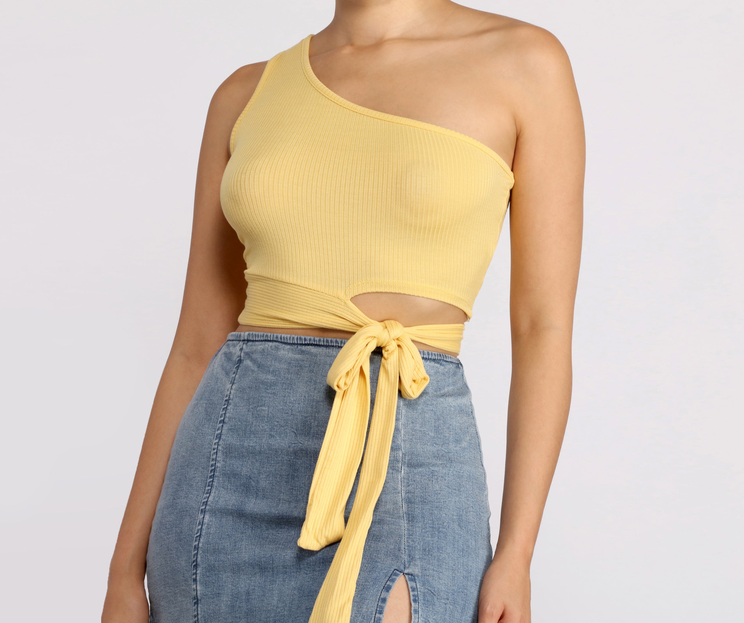 One Shoulder Tie Waist Crop Top