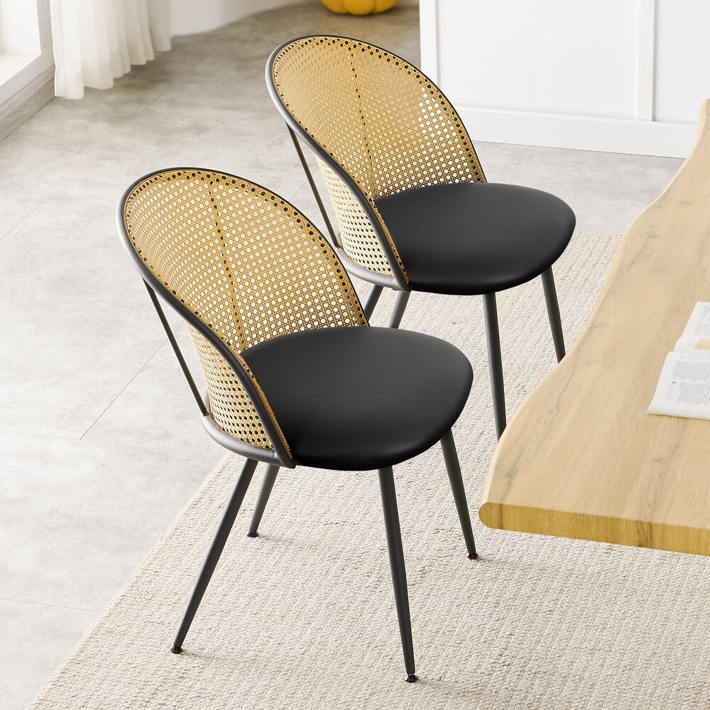 Fabric Upholstered Dining Chairs with Rattan Backrest  Set of 2/4   22.8”(D) x 20”(W) x 31.1”(H)