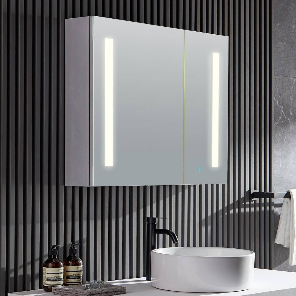 ANZZI Ether 32 in. W x 28 in. H Surface Mount Medicine Cabinet in Siler with LED Lighting and Mirror Defogger BA-LMDFVCB007AL