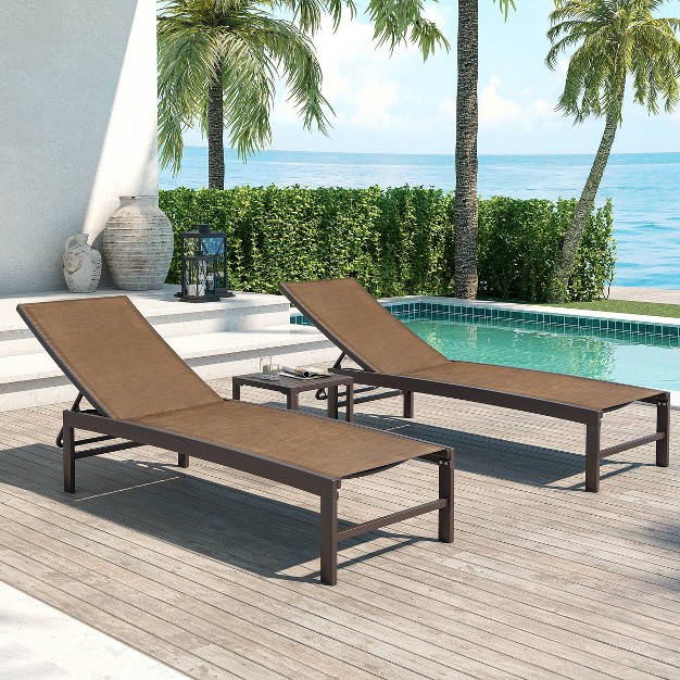 3pc Outdoor Five Position Adjustable Curved Aluminum Lounge Set Brown Crestlive Products