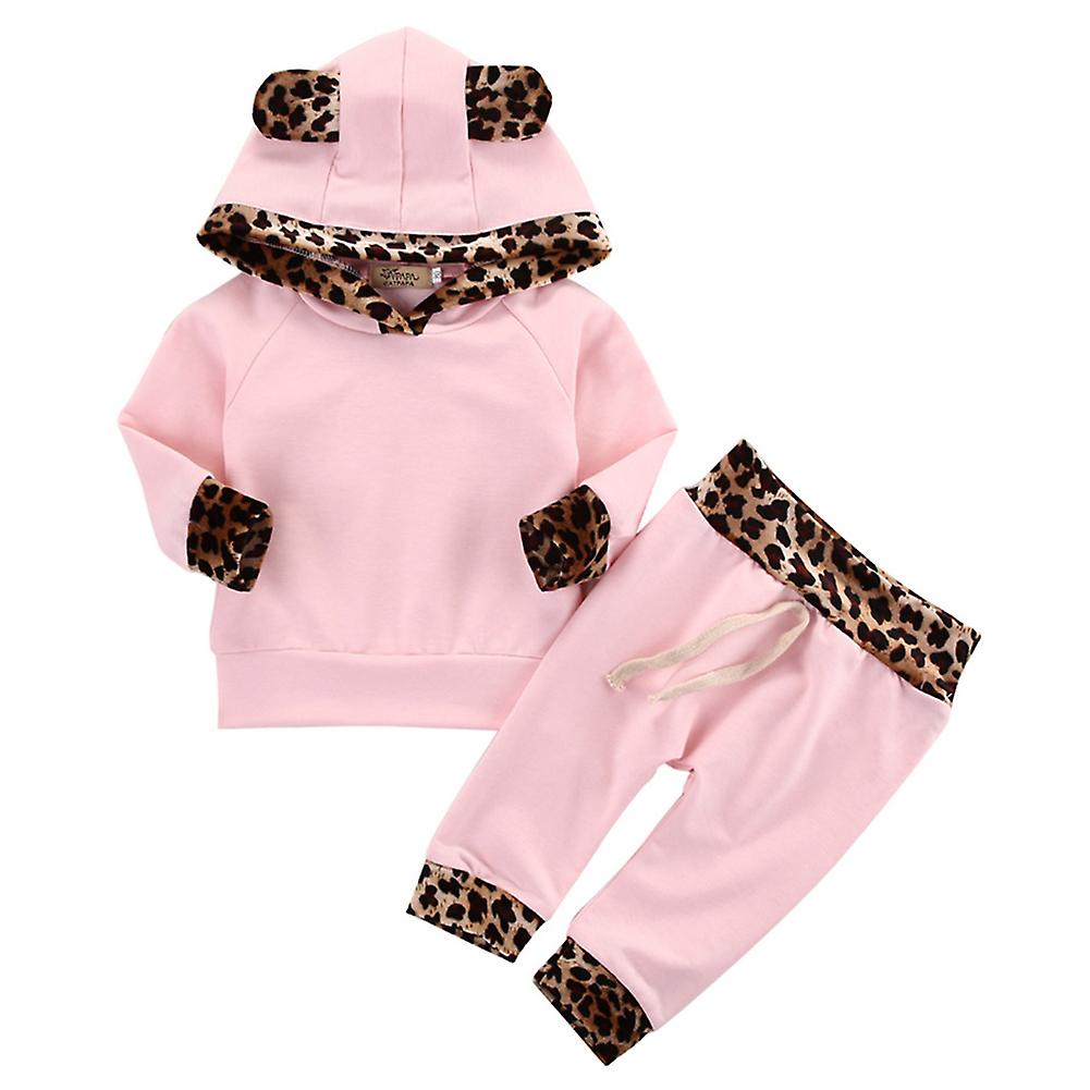 2pcs Cute Newborn Baby Girls Pink Leopard Hoodie T-shirt Top Pants Outfits Set 90cm