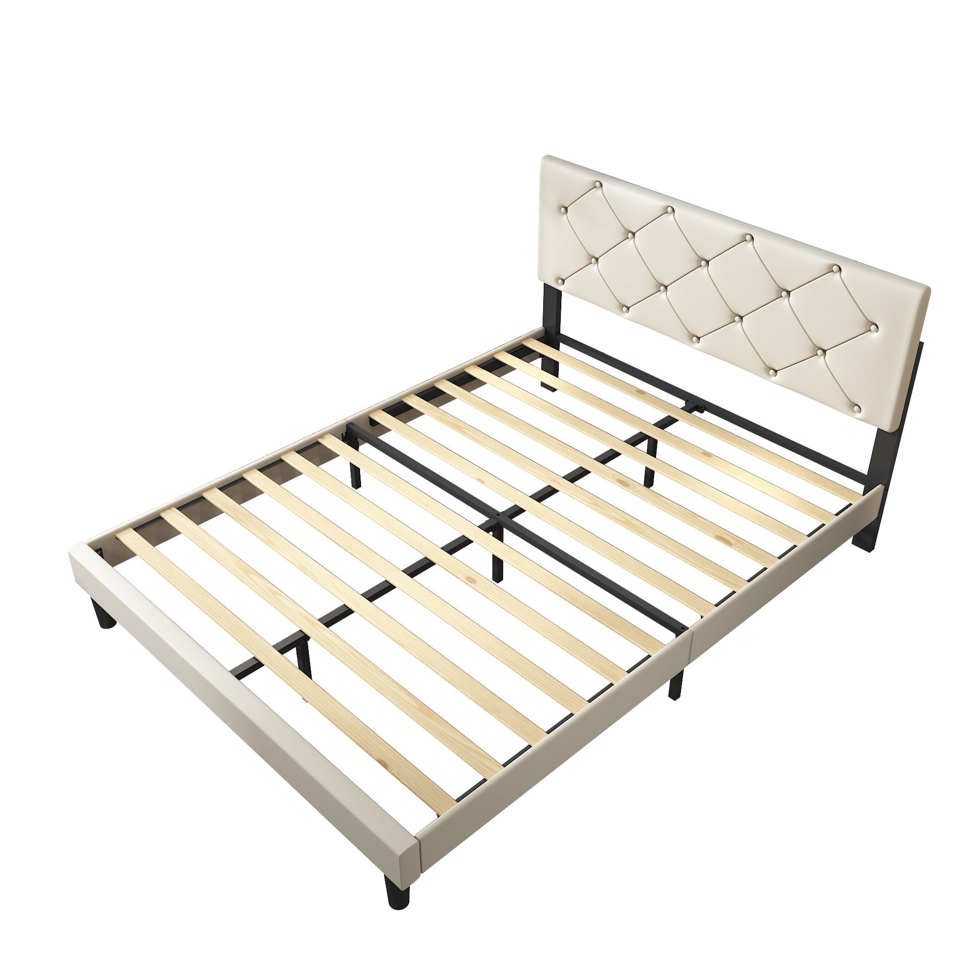 uhomepro Beige Queen Bed Frame for Adults Kids, Modern Faux Leather Upholstered Platform Bed Frame with Headboard, Queen Size Bed Frame Bedroom Furniture with Wood Slats Support, No Box Spring Needed