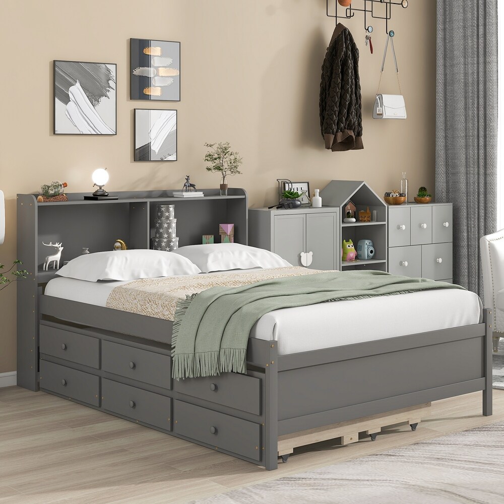 Twin/Full Captain Bed Pine Bed Frame with Twin Trundle and Storage Drawers