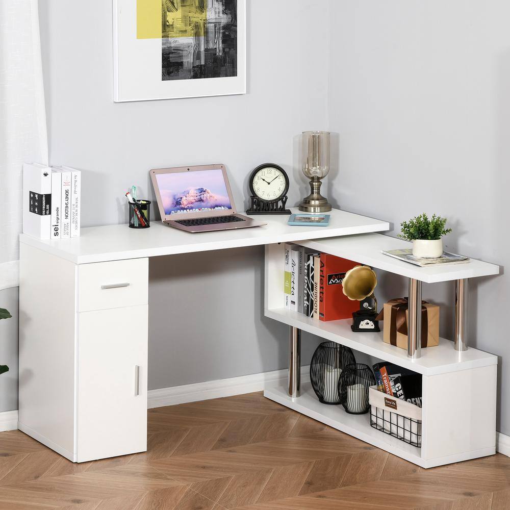 HOMCOM 55 in. L-Shaped White 1-Drawer Writing Computer Desk with Storage Shelves 836-272WT