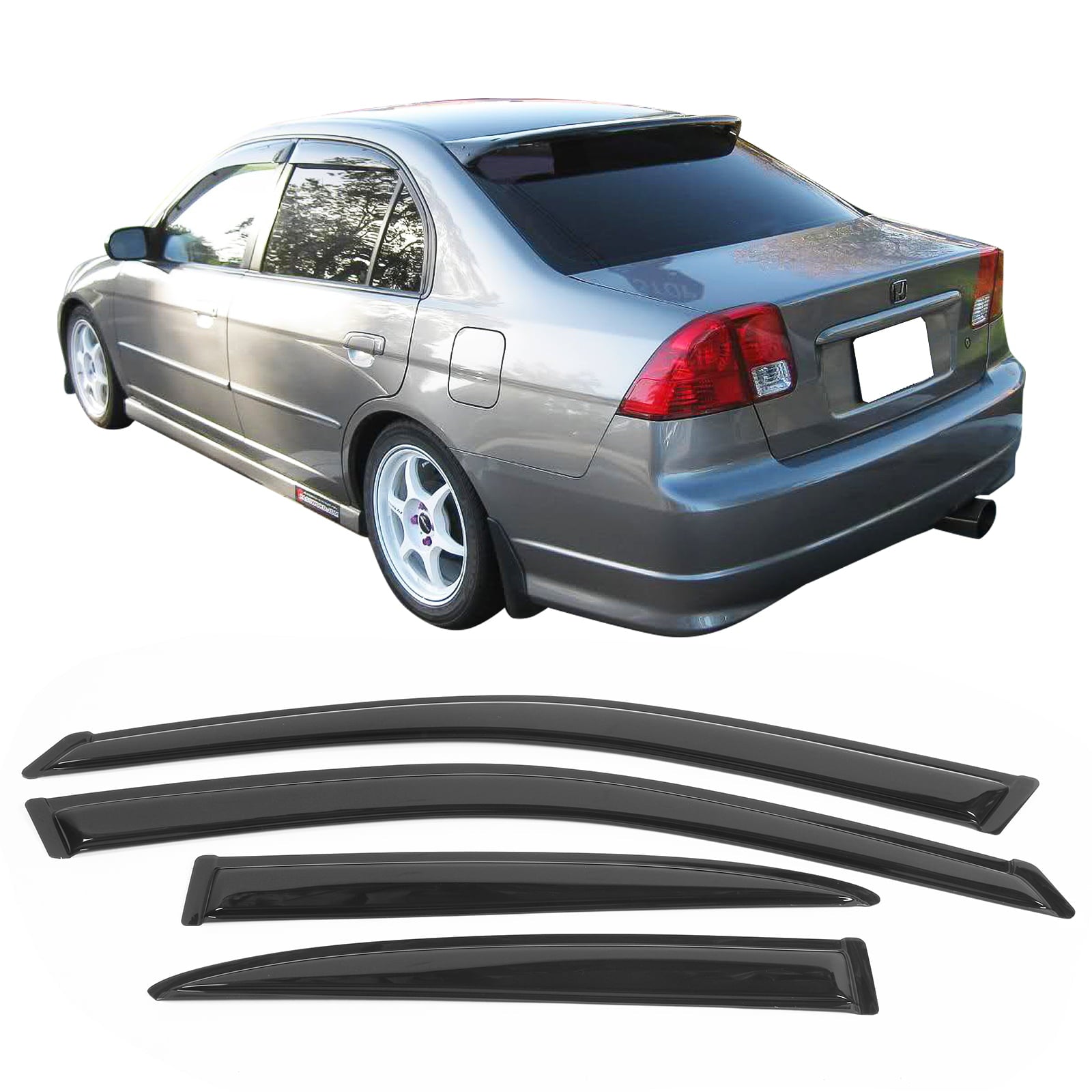 Ikon Motorsports Compatible with 01-05 Honda Civic Sedan Acrylic Window Visors Vent Windshield Deflector Rain Guard 4Pc Set Outside Mount 2001 2002 2003 2004 2005