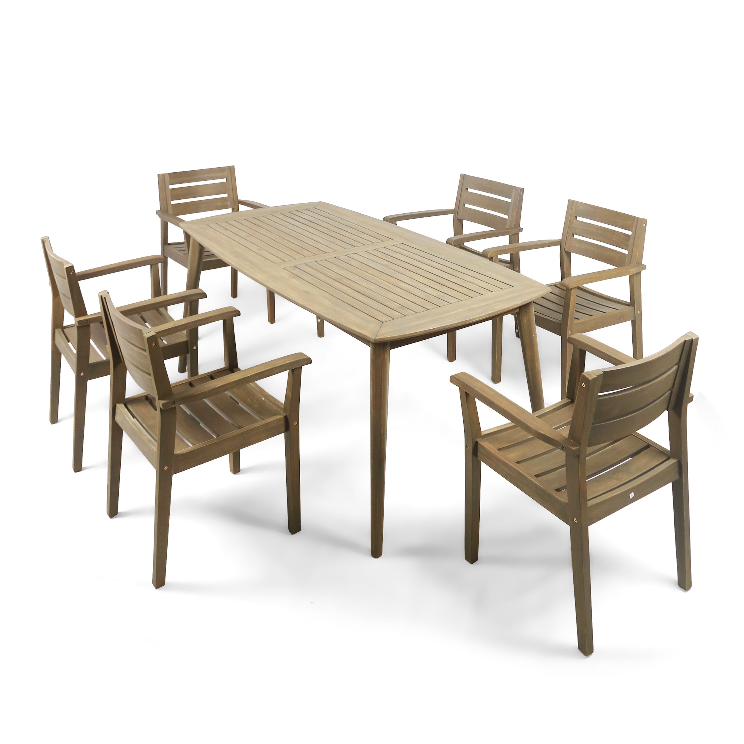 Zack Outdoor 7 Piece Acacia Wood Dining Set, Gray Finish