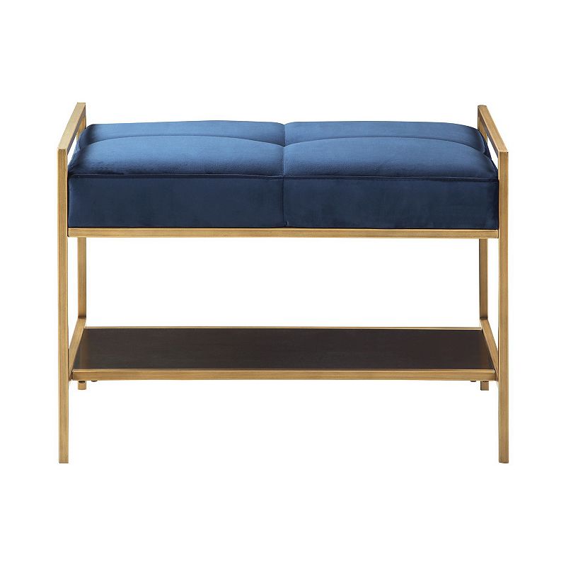 Metal Bench with Fabric Upholstered Plump Seats， Gold and Blue