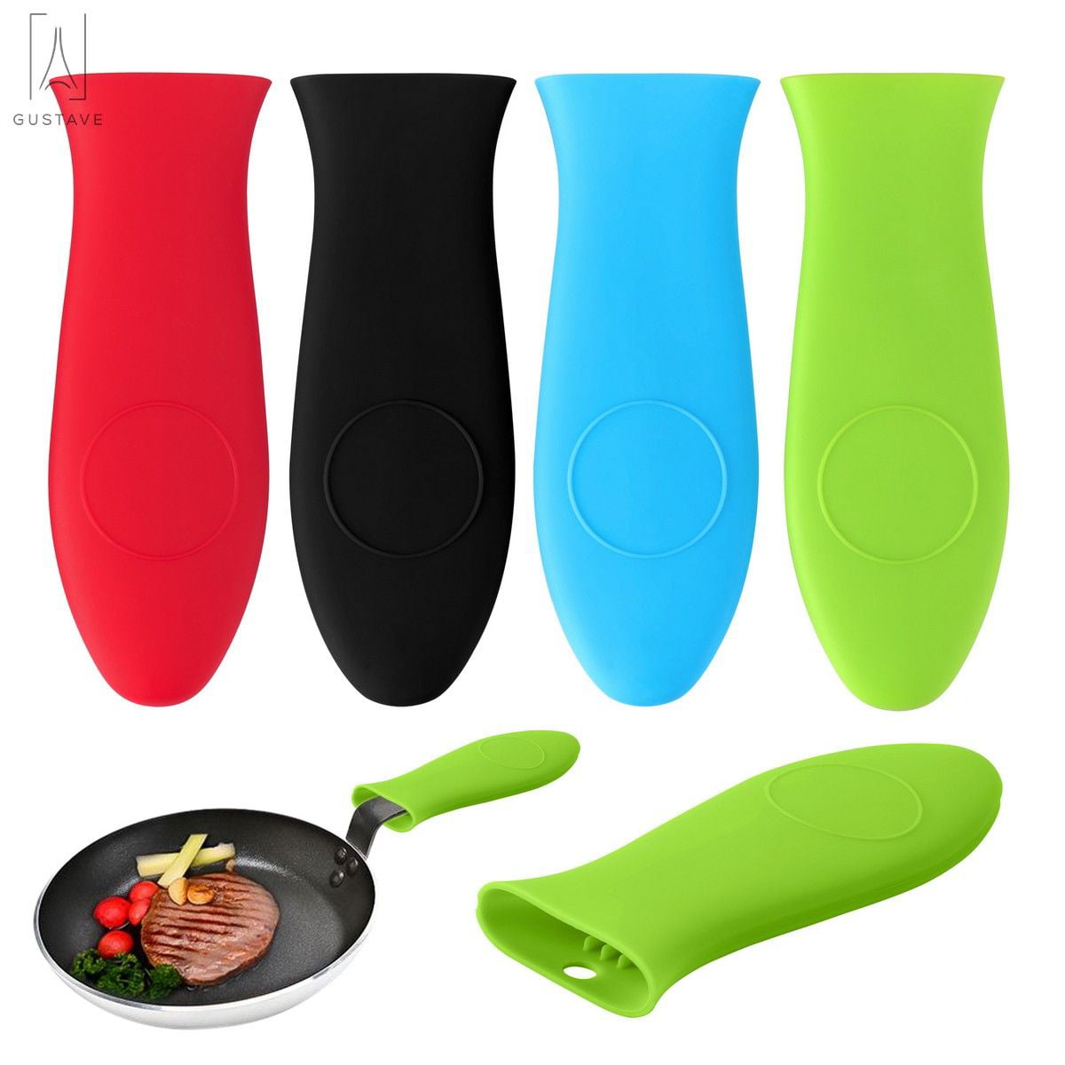 Gustave 4 Pack Silicone Hot Handle Holder Pan Handle Sleeve Pot Holders， Heat Resistant Cast Iron Skillet Handle Covers for Kitchen， BBQ and Baking Cookware