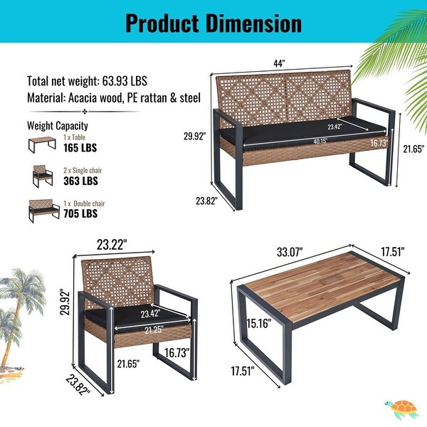 4Piece Acacia Wood Table Top Patio Furniture Conversation Set for Balcony Porch Garden Backyard Lawn