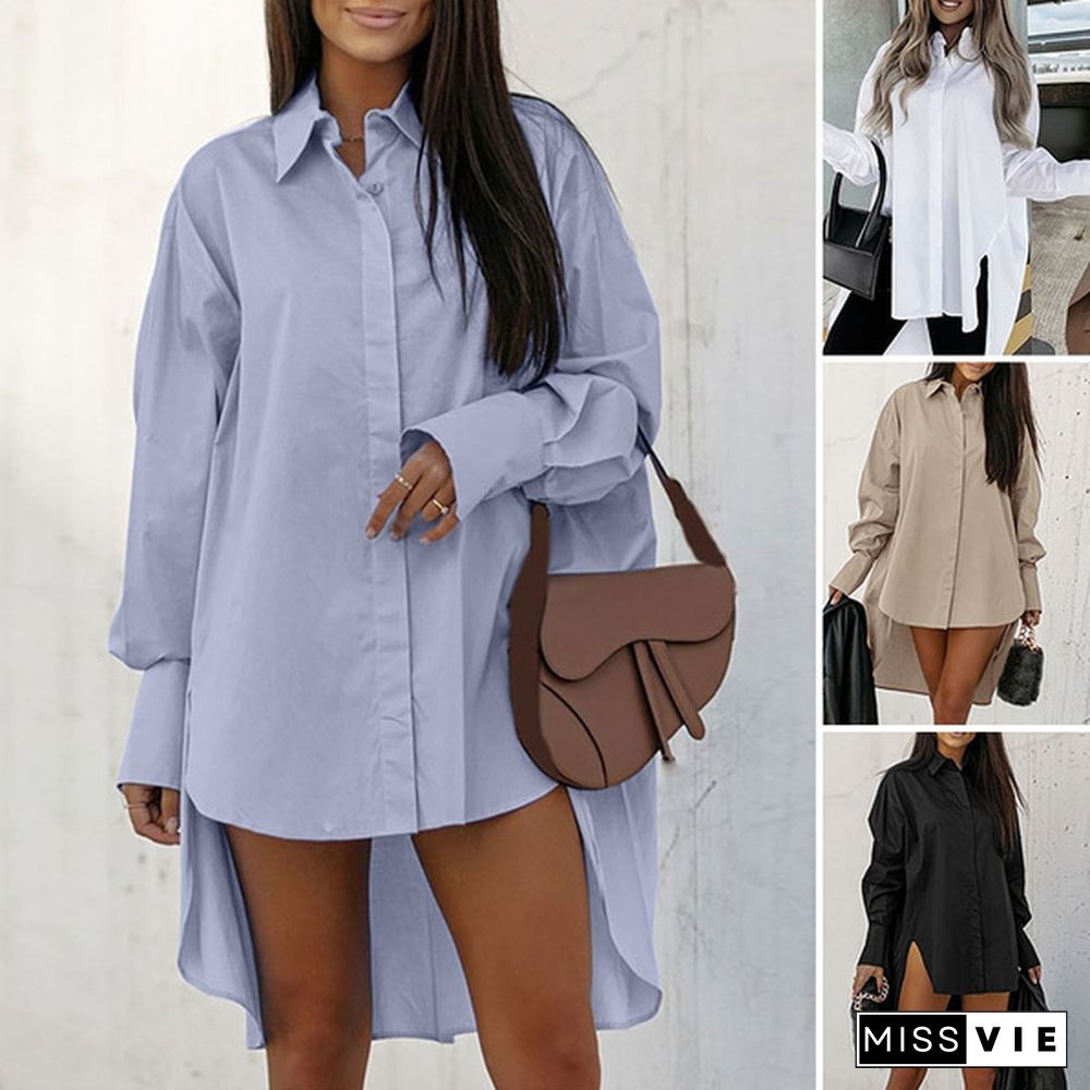 Women Casual Loose Shirt Dress Long Tops Irregular Hem Lapel Collar Long Sleeve Mini Dress Plus Size