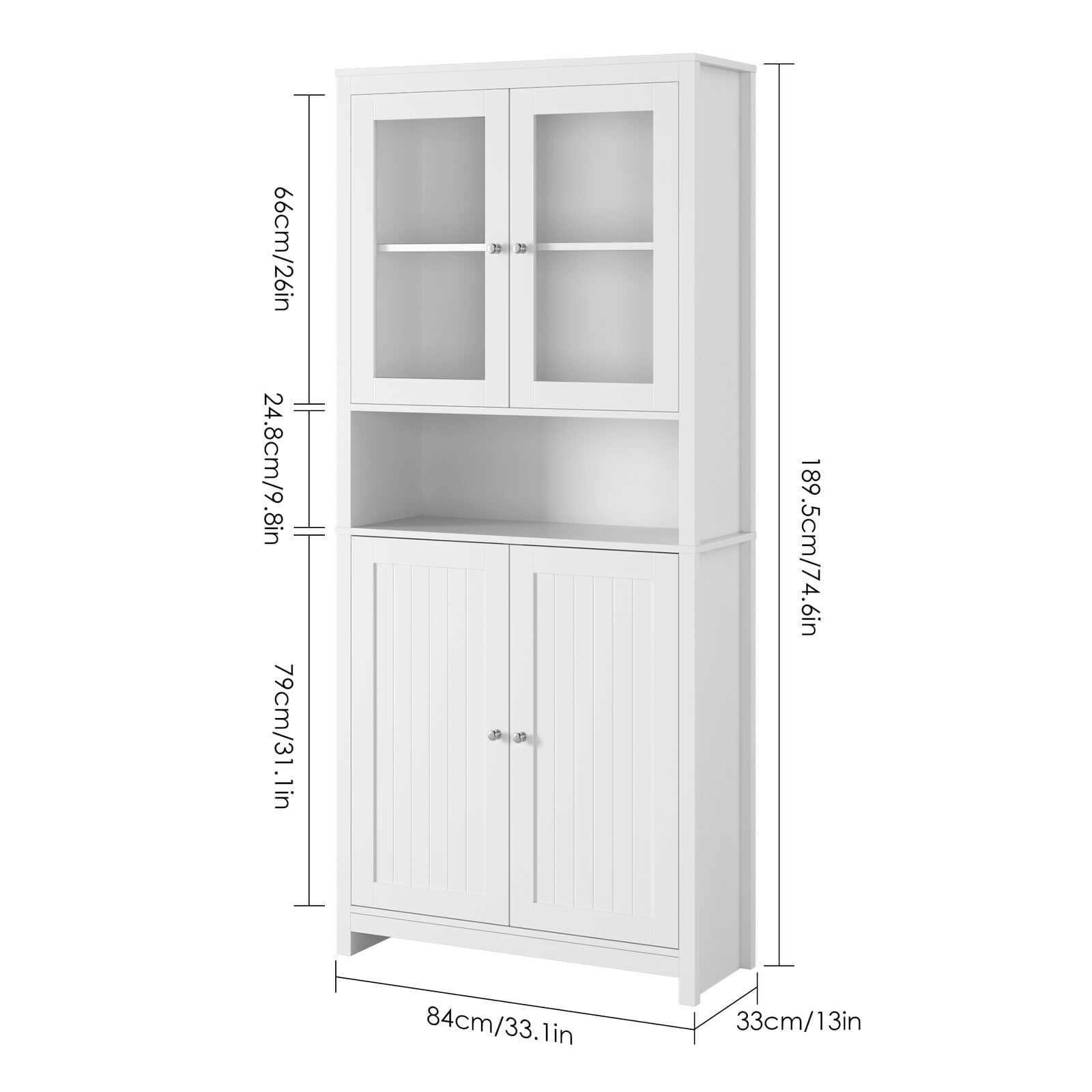 Homfa Standard Bookcase with Doors, Kitchen Hutch Cabinet, 74.6 H 5 Tiers Tall Bookshelf with Glass Doors, White