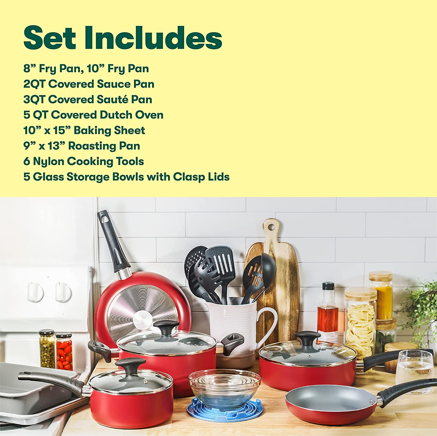 BELLA 21 Piece Cook Bake and Store Kitchen Essentials Set， Red