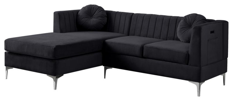 Chloe Black Velvet Sectional Sofa Chaise With Usb Charging Port   Midcentury   Sectional Sofas   by BisonOffice  Houzz