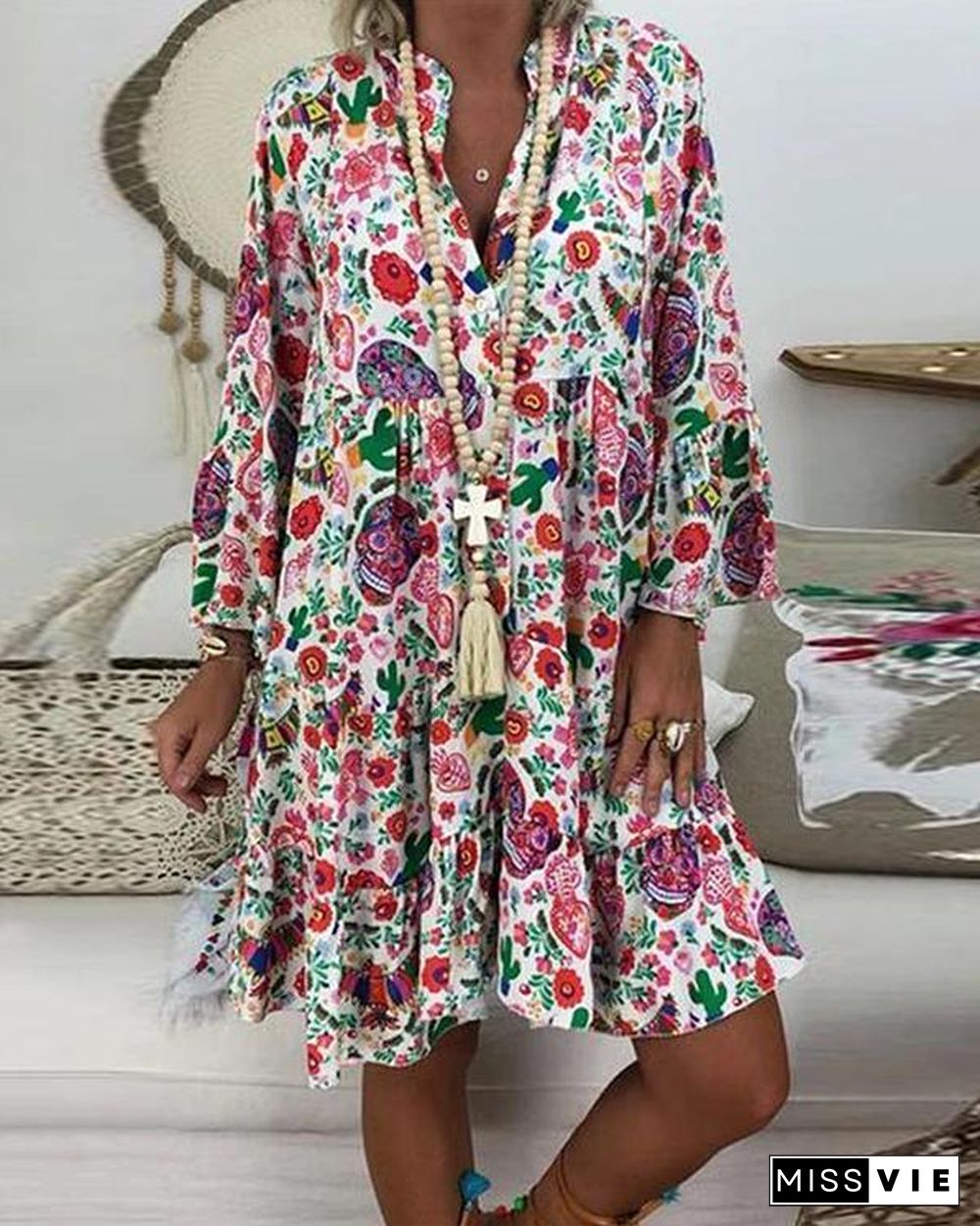 Women's Plus Size Print Mini Dress Casual Loose Dress Beach Party Dress