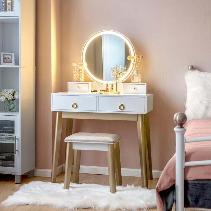 Modern Makeup Vanity Set with Touch Screen Dimming Mirror and 3 Color LED Lighting Modes, Jewelry Divider Dressing Table