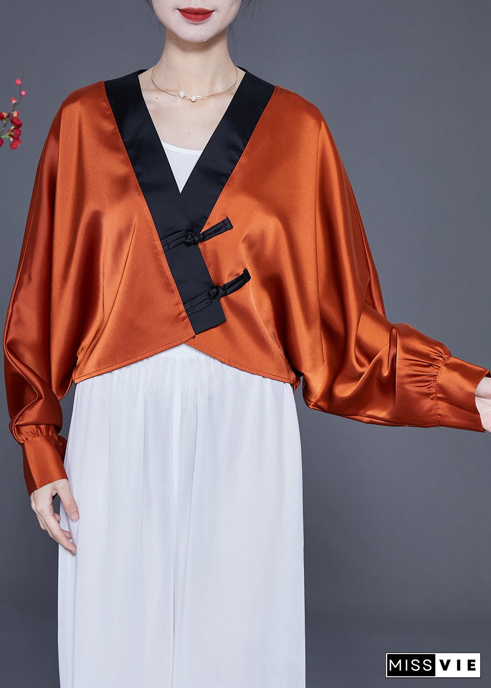 Art Caramel Oversized Patchwork Chinese Button Silk Shirt Spring