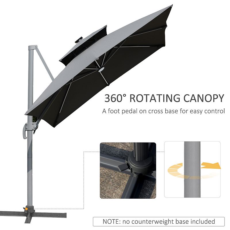 Outsunny 10ft Solar LED Cantilever Umbrella， Offset Hanging Umbrella with 360▲Rotation， Cross Base， 8 Ribs， Tilt and Crank for Yard， Garden and Poolside， Grey