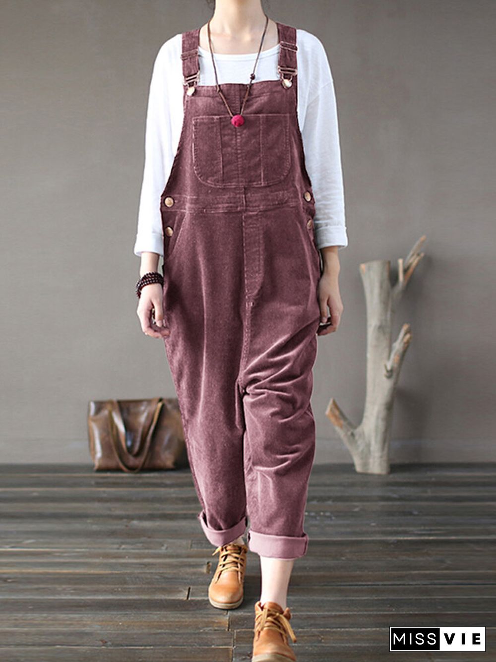 Solid Color Button Pockets Sleeveless Corduroy Jumpsuits