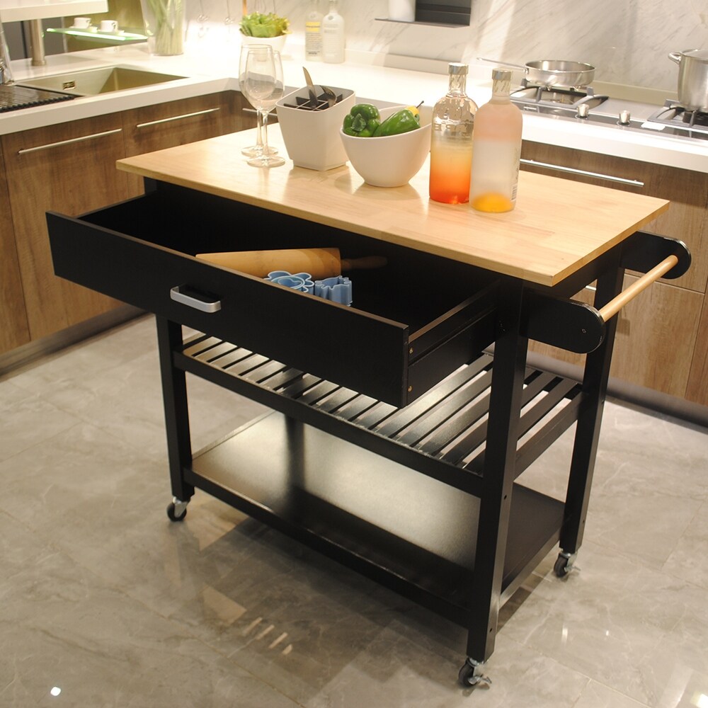 Black Rolling Kitchen Island Cart with Towel Rack/Handles  Sideboards