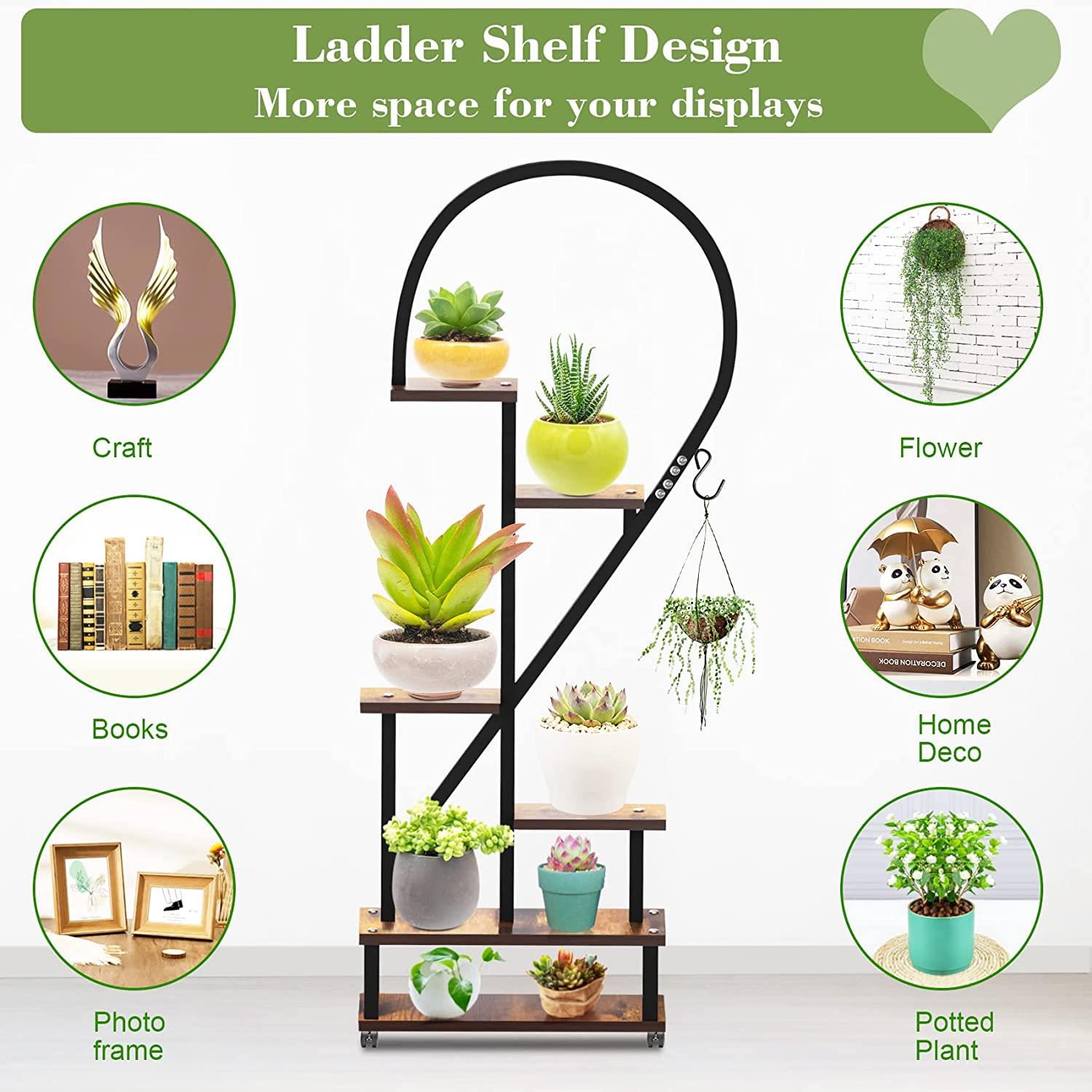 Metal Plant Stand Indoor with Wheels, Creative Heart Shape Plant Shelf Holder, 6 Tier Tall Plant Stand for Indoor Plants Multiple Plant Rack for Home Decor, Balcony, Patio, Garden.Extra Gardening Tools &Screwdriver Drill Bit as gifts