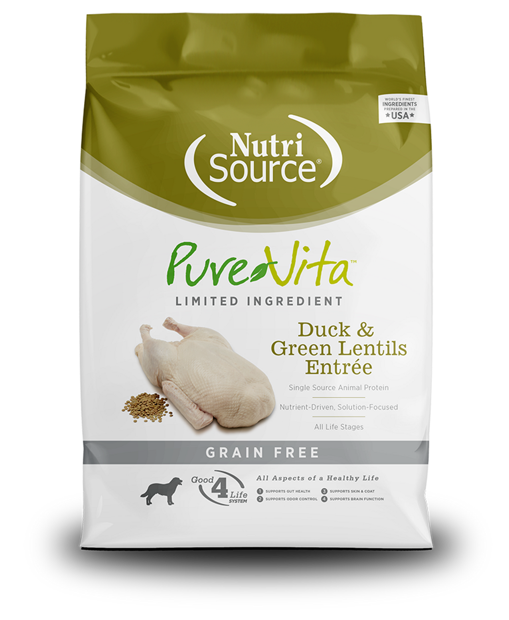 NutriSource Pure Vita Grain Free Duck and Green Lentils Dry Dog Food， 25 Lbs.