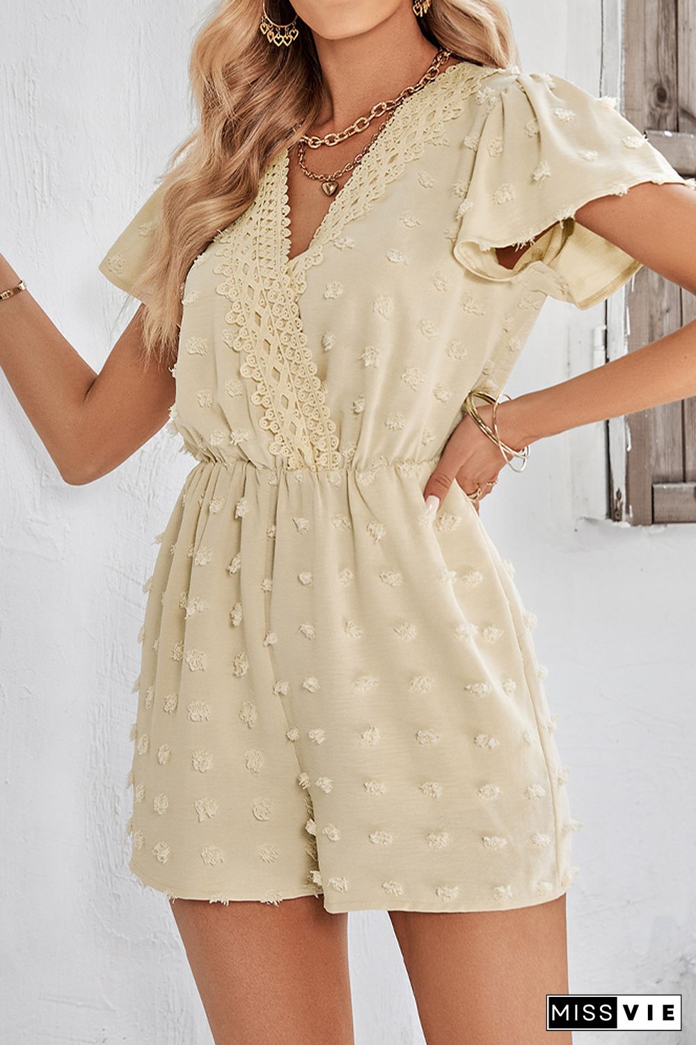 Texture Spot V Neck Crochet Lace Edge Rompers