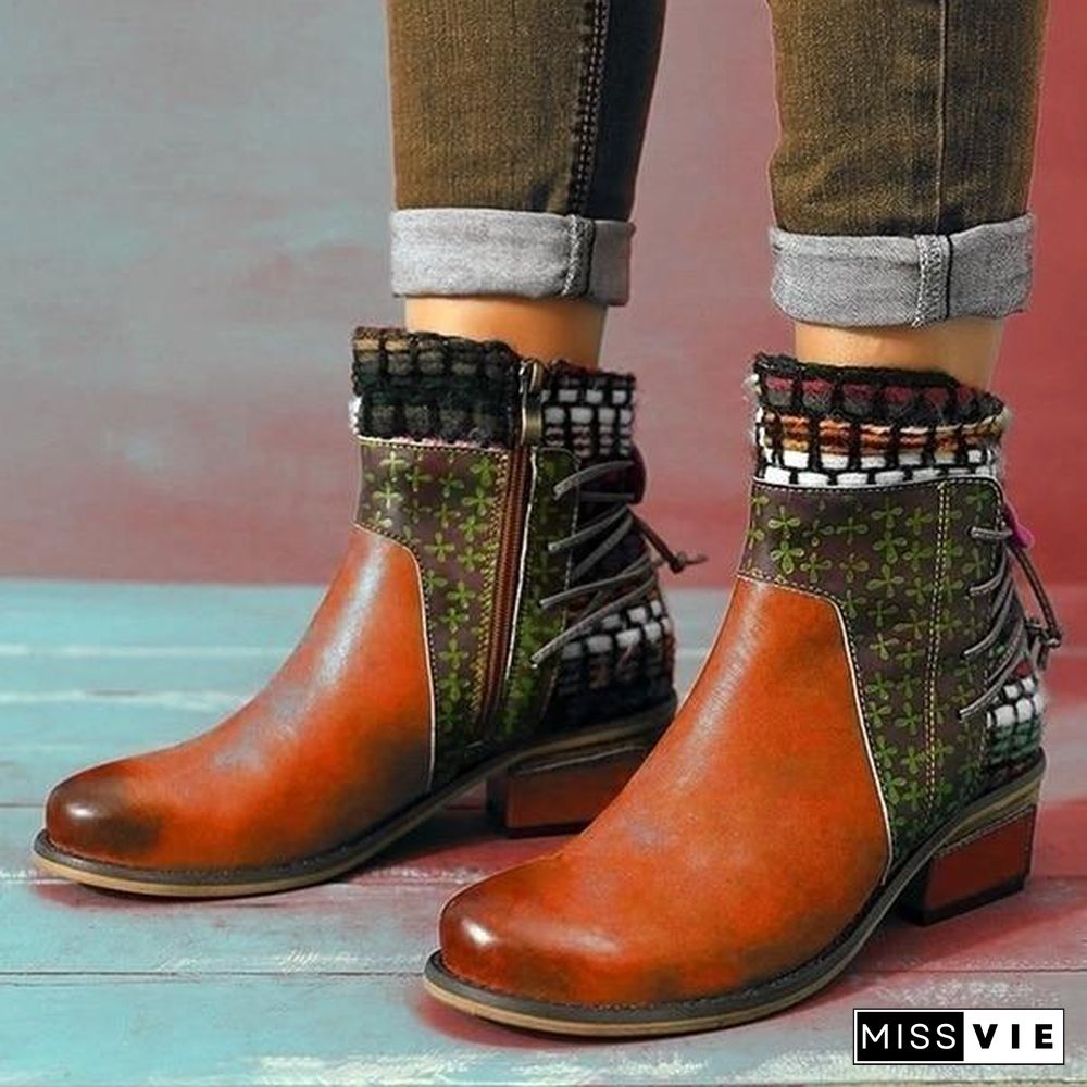 Round Head Colorful Printed Zipper Boots