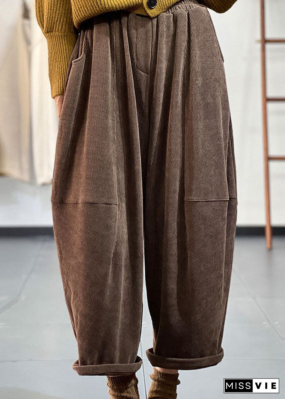 Italian Chocolate Elastic Waist Oversized Pockets Patchwork Corduroy Harem Pants Trousers Winter