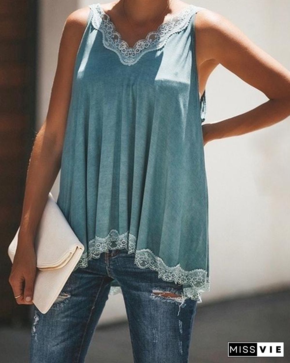 Women Casual  V Neck Paneled Spaghetti Solid Sexy Camis Tops