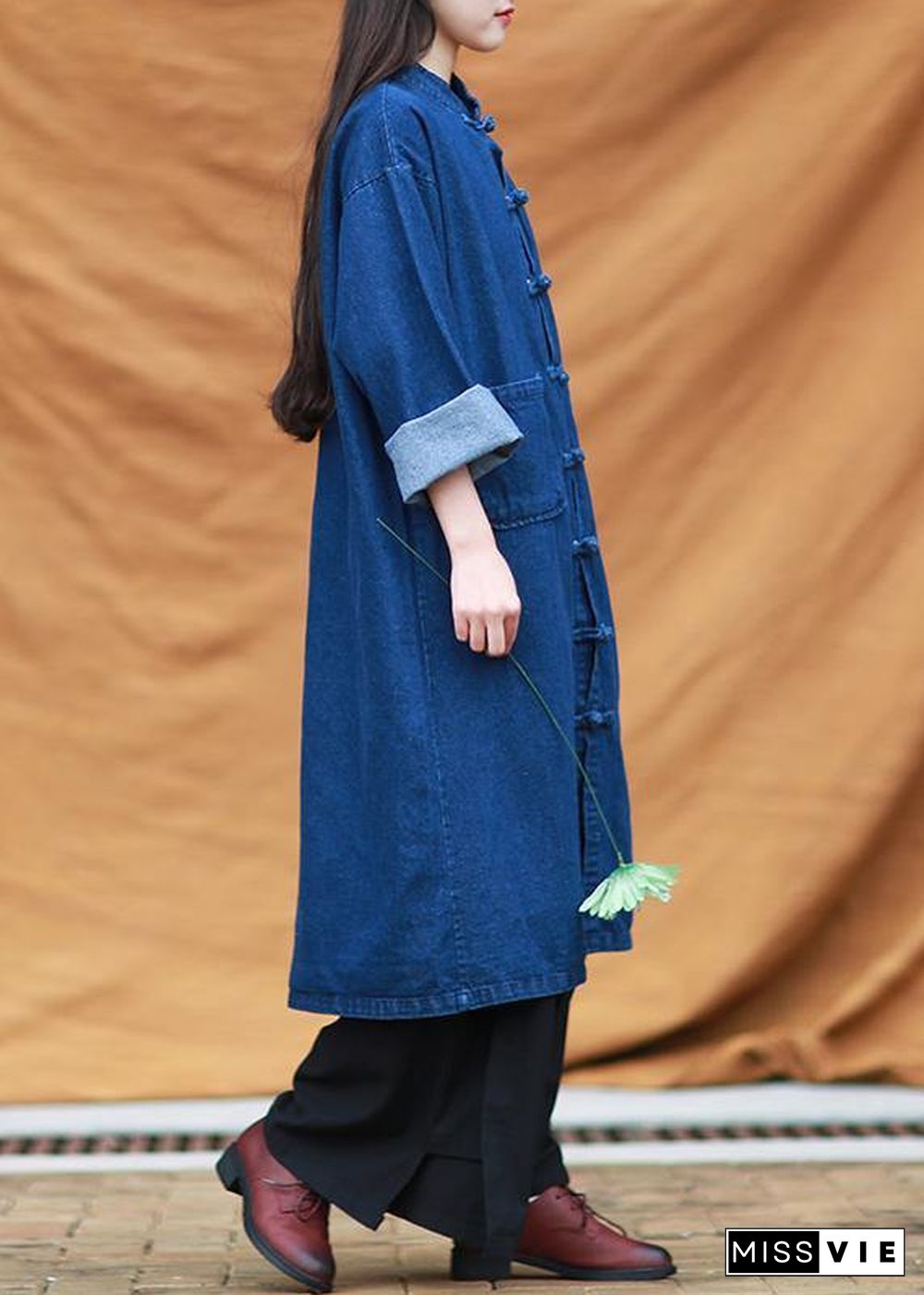 DIY denim blue tunic stand collar pockets Maxi Dress