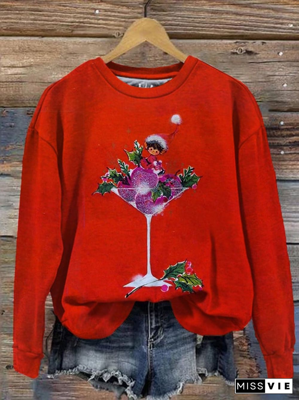 Women's Retro Christmas Puppy Wine Glass Print Crew Neck Sweatshirt