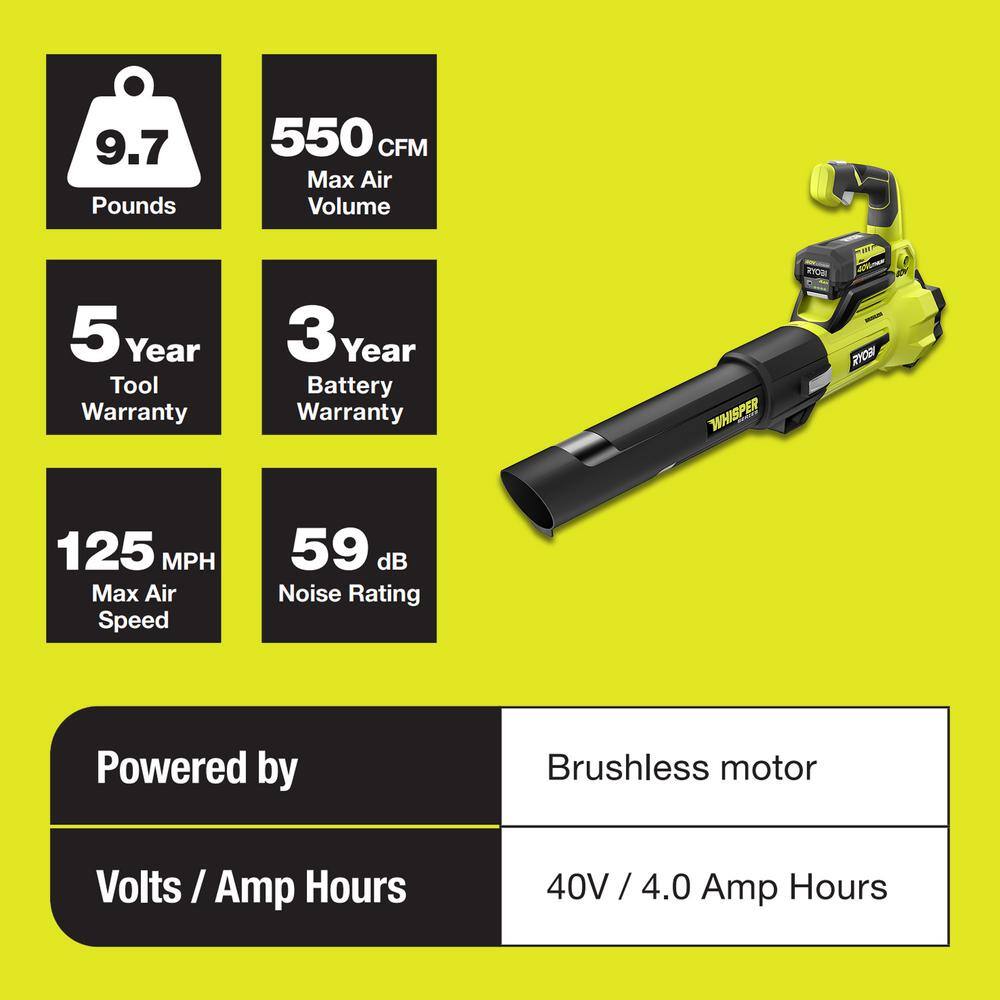 RYOBI RY40470-LB 40V Brushless 125 MPH 550 CFM Cordless Battery Whisper Series Blower and Lawn and Leaf Bag w/ 4.0 Ah Battery and Charger