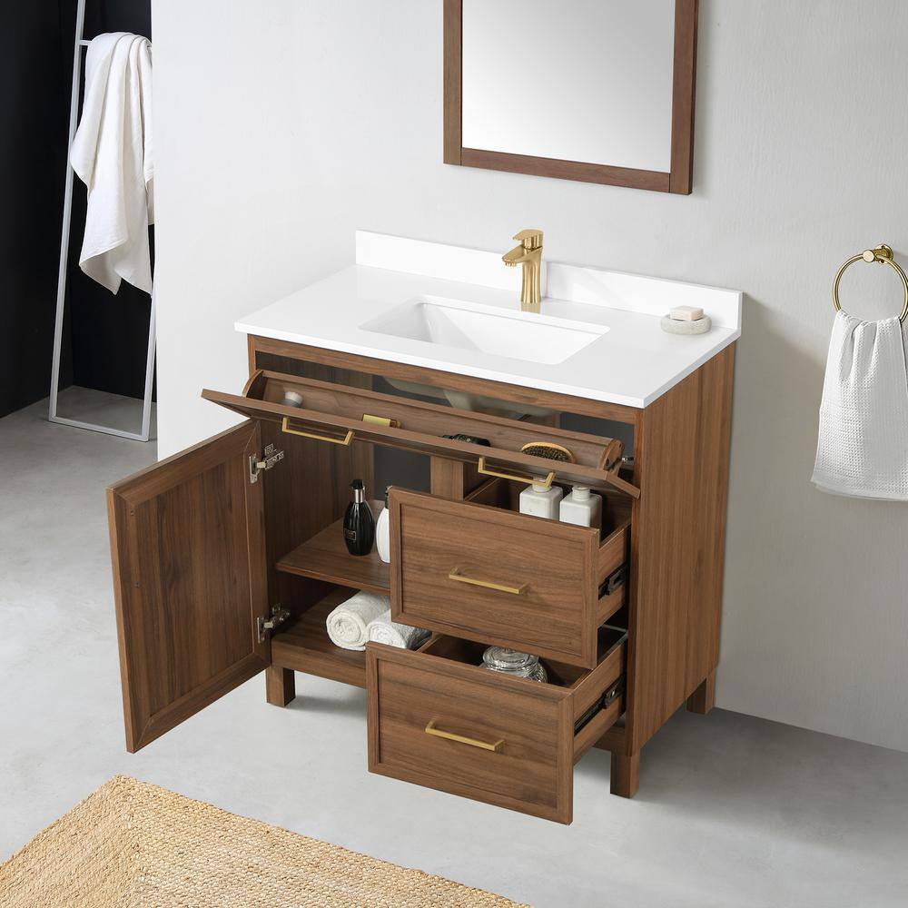 Home Decorators Collection Bilston 36 in. W x 19 in. D x 34.50 in. H Bath Vanity in Spiced Walnut with White Engineered Stone Top Bilston 36SW