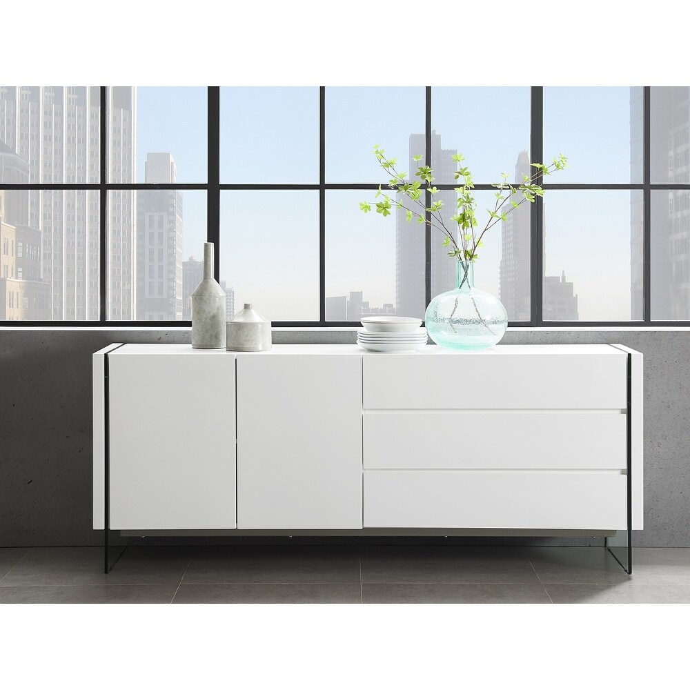 IL VETRO buffet server in high gloss white lacquer with clear glass.