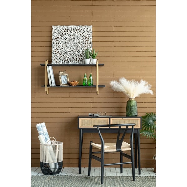 2-Drawer Pine Wood and Rattan Cabinet with Bohemian Decorated