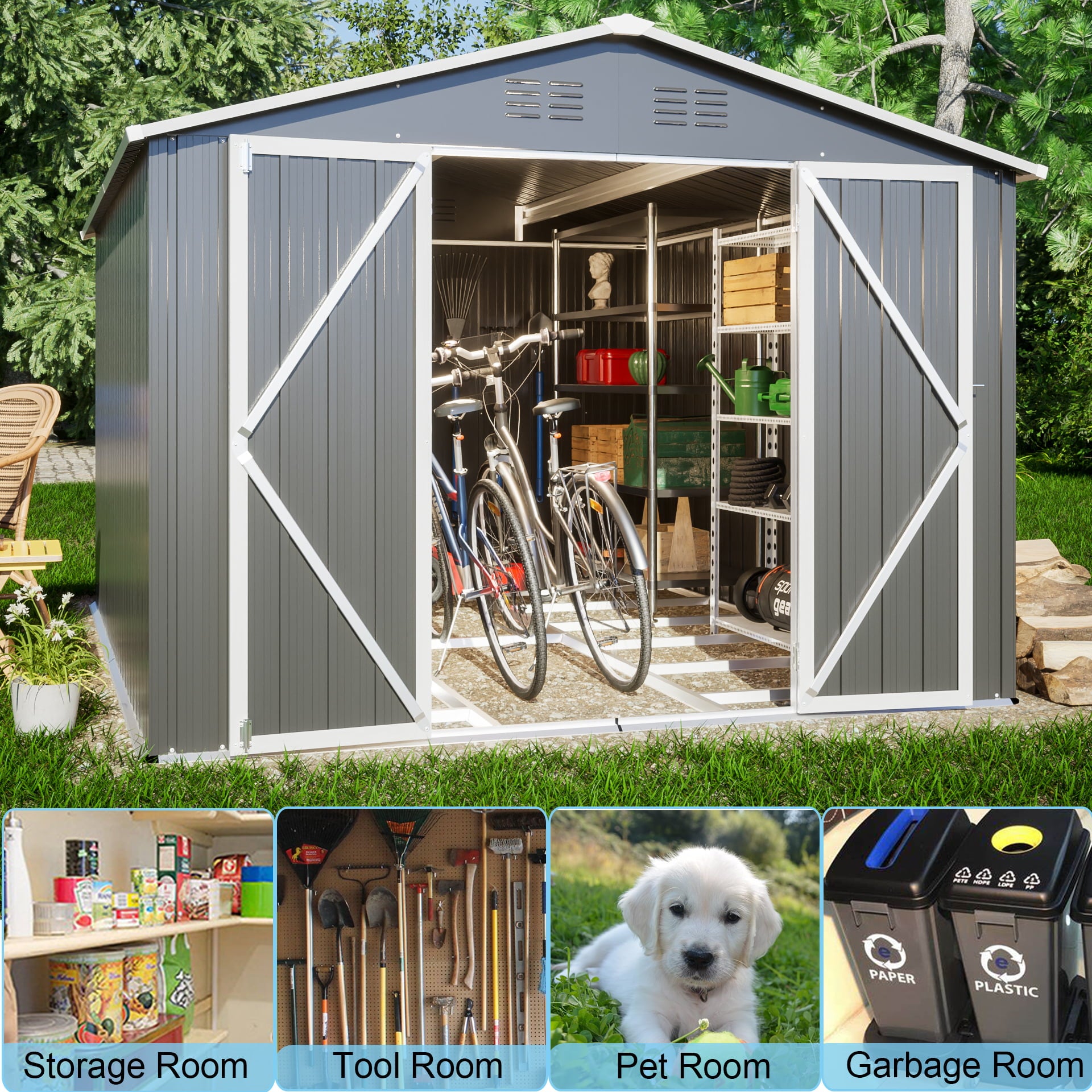 LZBEITEM 8'x10' Outdoor Metal Storage Shed, Galvanized Steel Garden Shed, Metal Garden Tool Shed with Double Lockable Doors for Backyard Patio Lawn, Gray