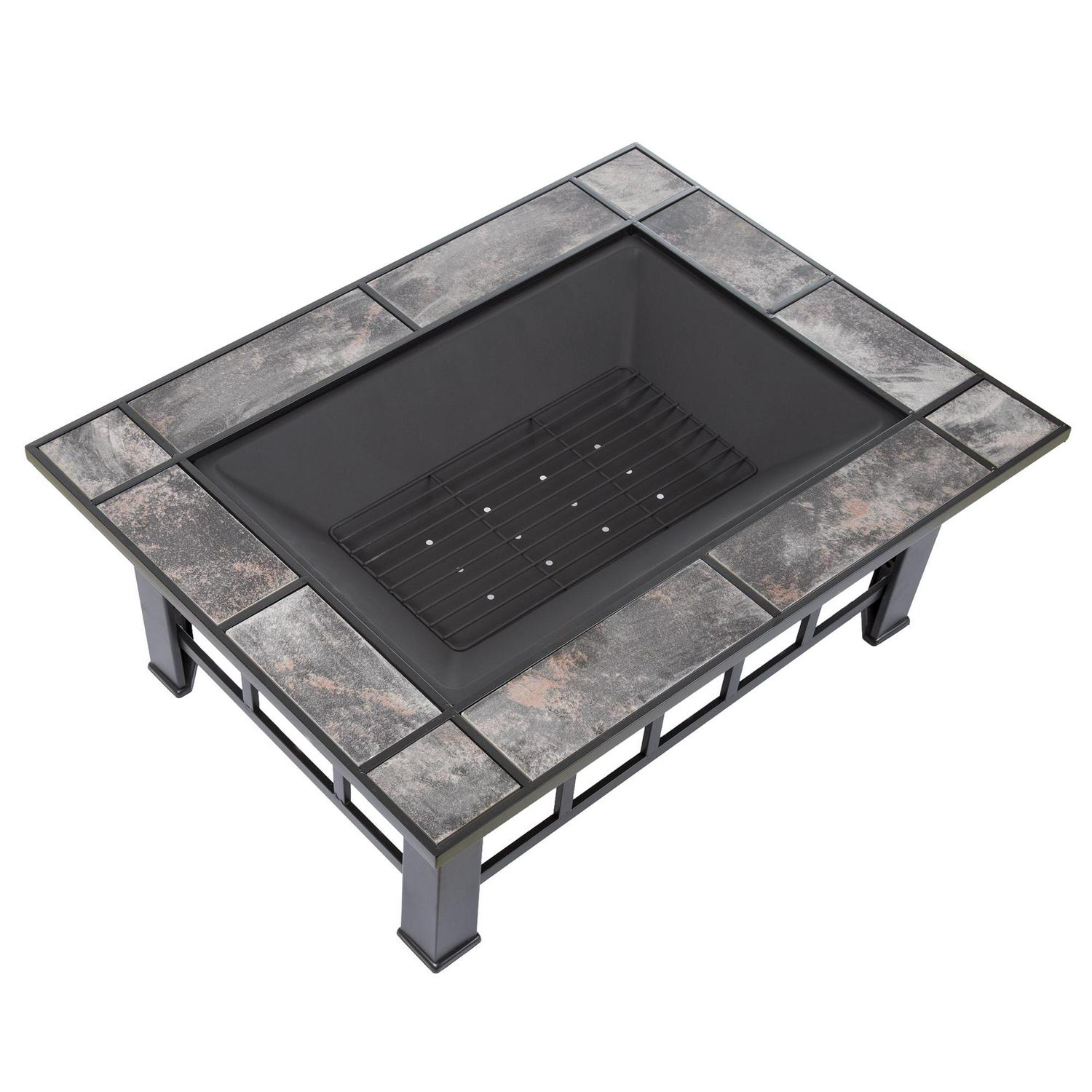 Pure Garden Fire Pit Set， Wood Burning Pit  Includes Screen， Cover and Log Poker  Great for Outdoor and Patio， 37 Marble Tile Rectangular Firepit