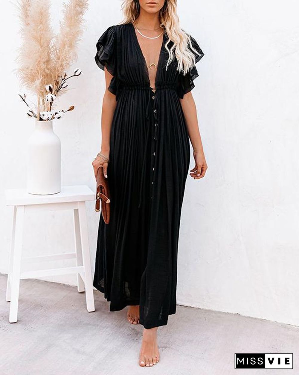 Women Long Maxi Dress Solid V neck Ladies Holiday Dress