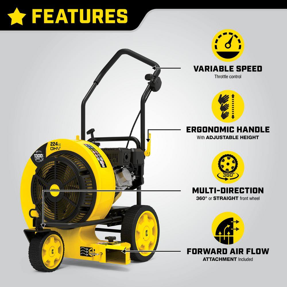 Champion Power Equipment 160 MPH 1300 CFM 224 cc Walk-Behind Gas Leaf Blower with Swivel Front Wheel and 90-Degree Flow Diverter 200947