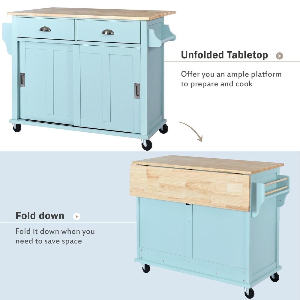 Kitchen Island Cart w/ Rubber wood Drop Leaf Countertop  Concealed Sliding Barn Door Kitchen Island w/ Storage Cabinet 2 Drawers