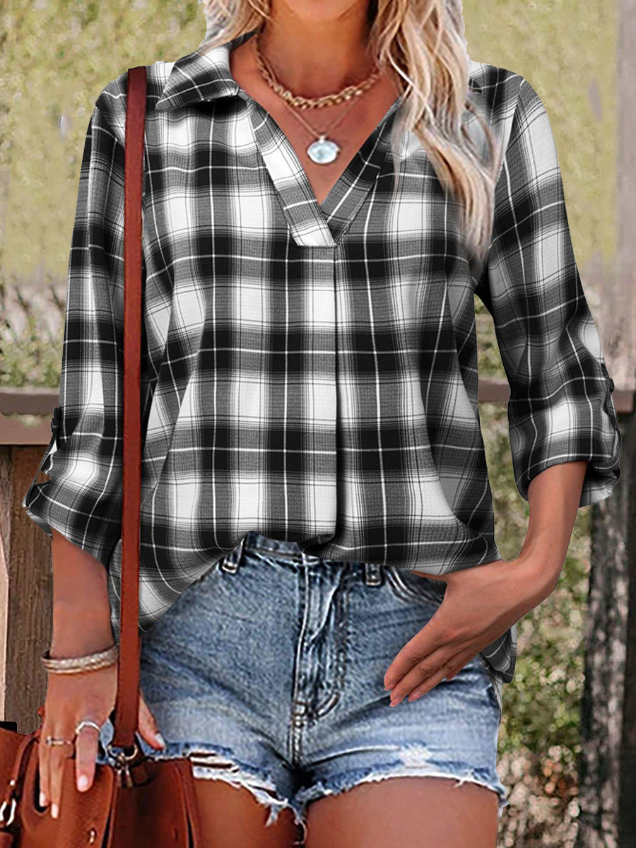 Casual Check V-Neck Long Sleeve Blouse