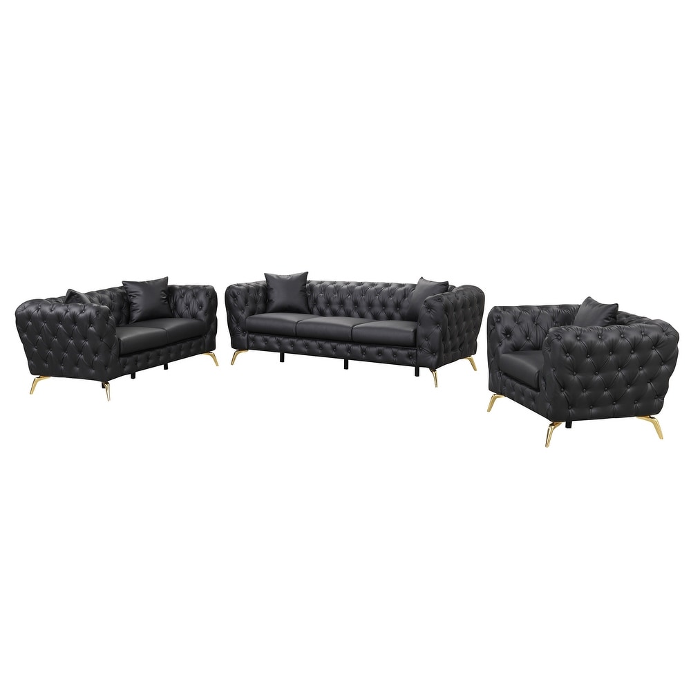 Black PU Button Tufted Upholstered Sofa Set with Pillows  3 Seater + Loveseat + Single Sofa