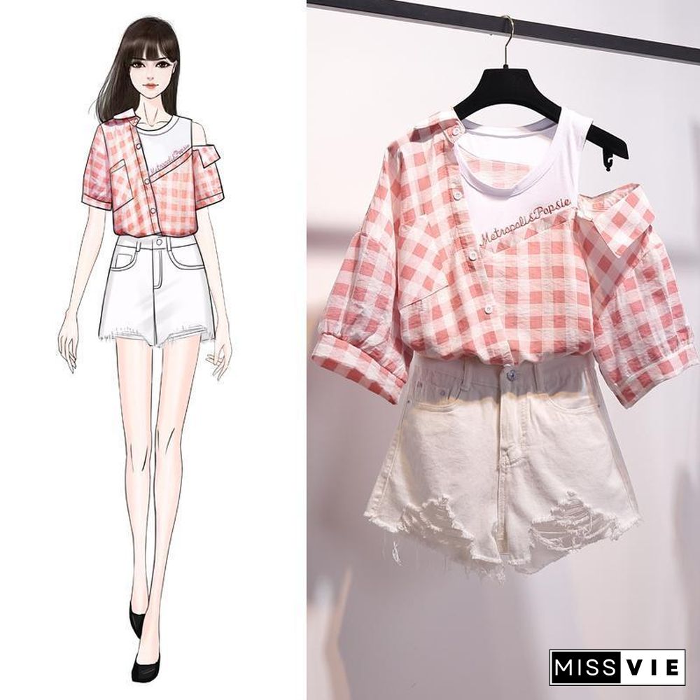 Plaid Off Shoulder Blouse+Denim Shorts P13928